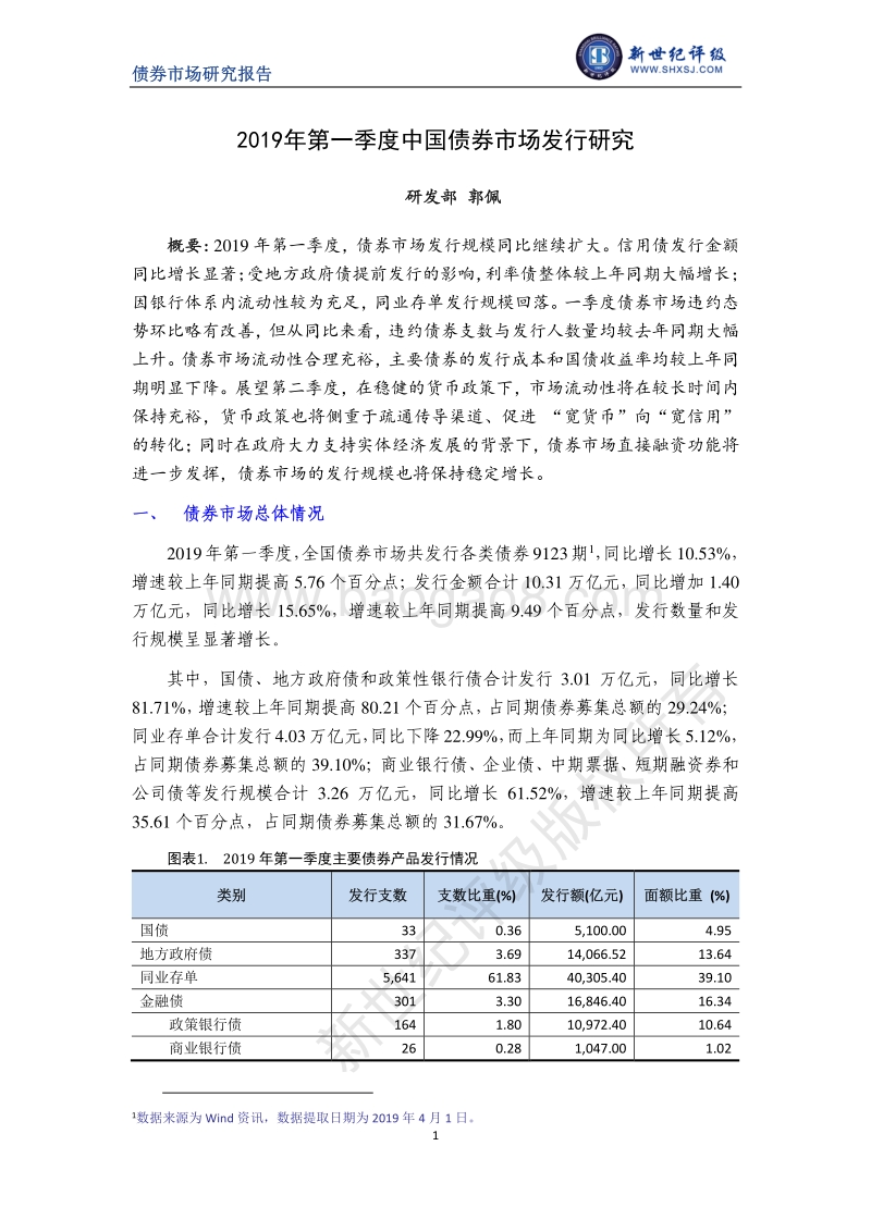 2019年第一季度中国债券市场发行研究.pdf_第1页