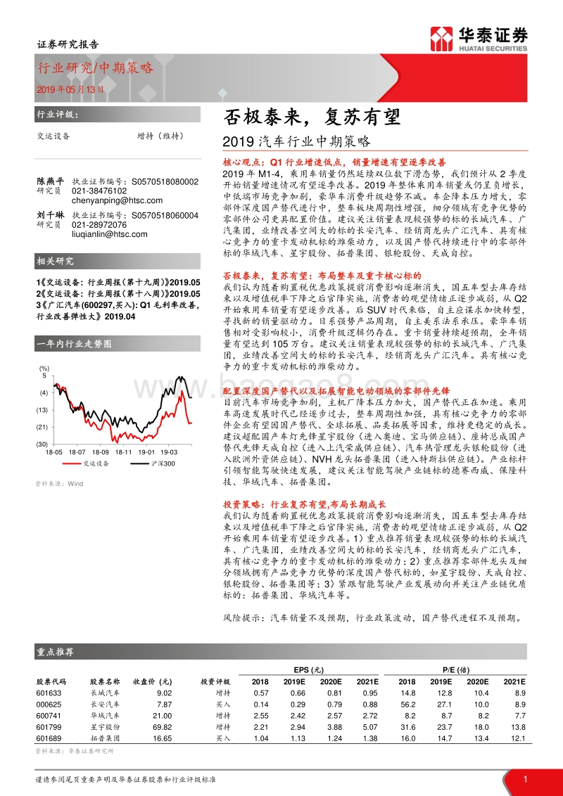 2019汽车行业中期策略：否极泰来，复苏有望.pdf_第1页