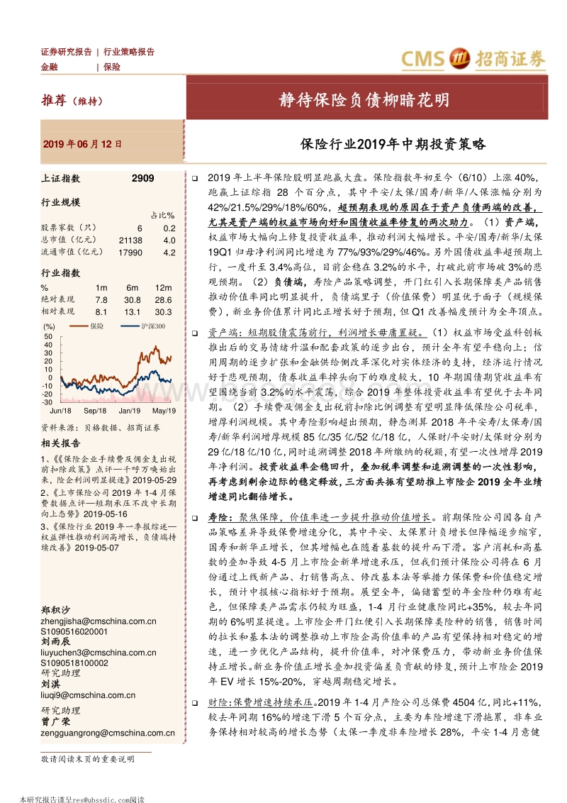 保险行业2019年中期投资策略：静待保险负债柳暗花明.pdf_第1页