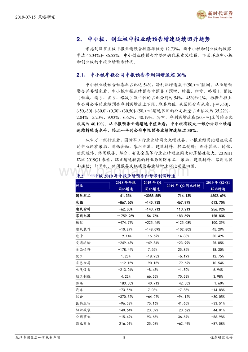 2019年中报业绩预告分析：中小创业绩增速延续回升趋势.pdf_第5页