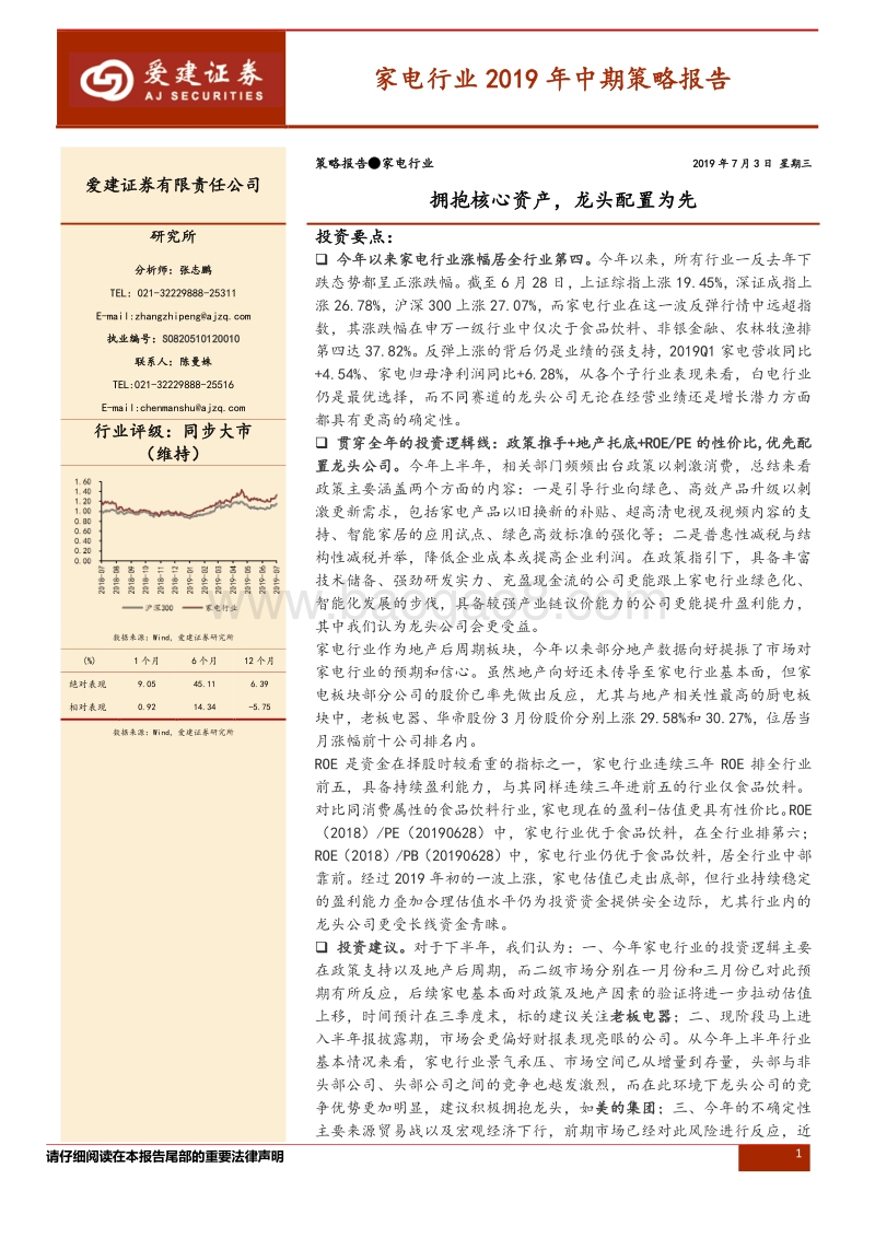 家电行业2019年中期策略报告：拥抱核心资产，龙头配置为先.pdf_第1页
