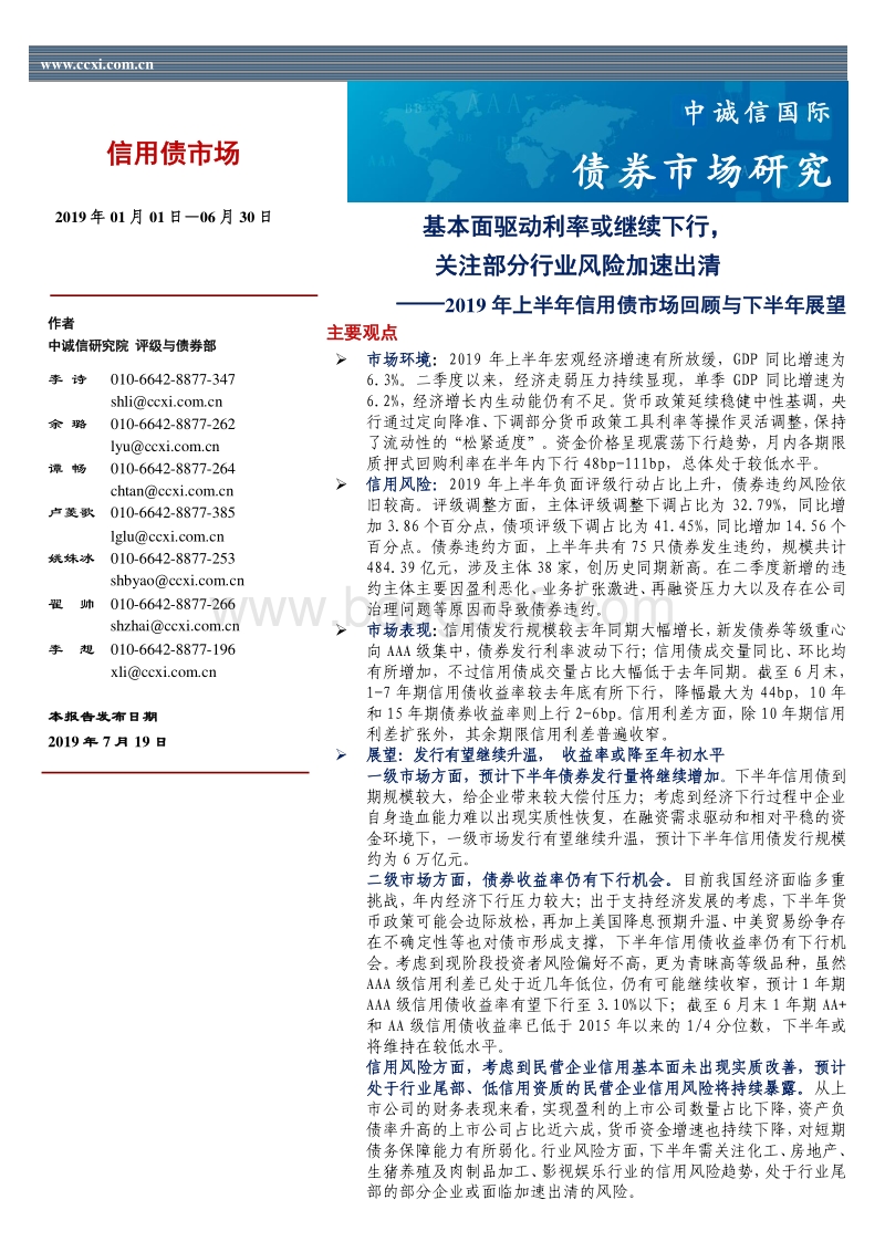 2019年上半年信用债市场回顾与下半年展望.pdf_第1页