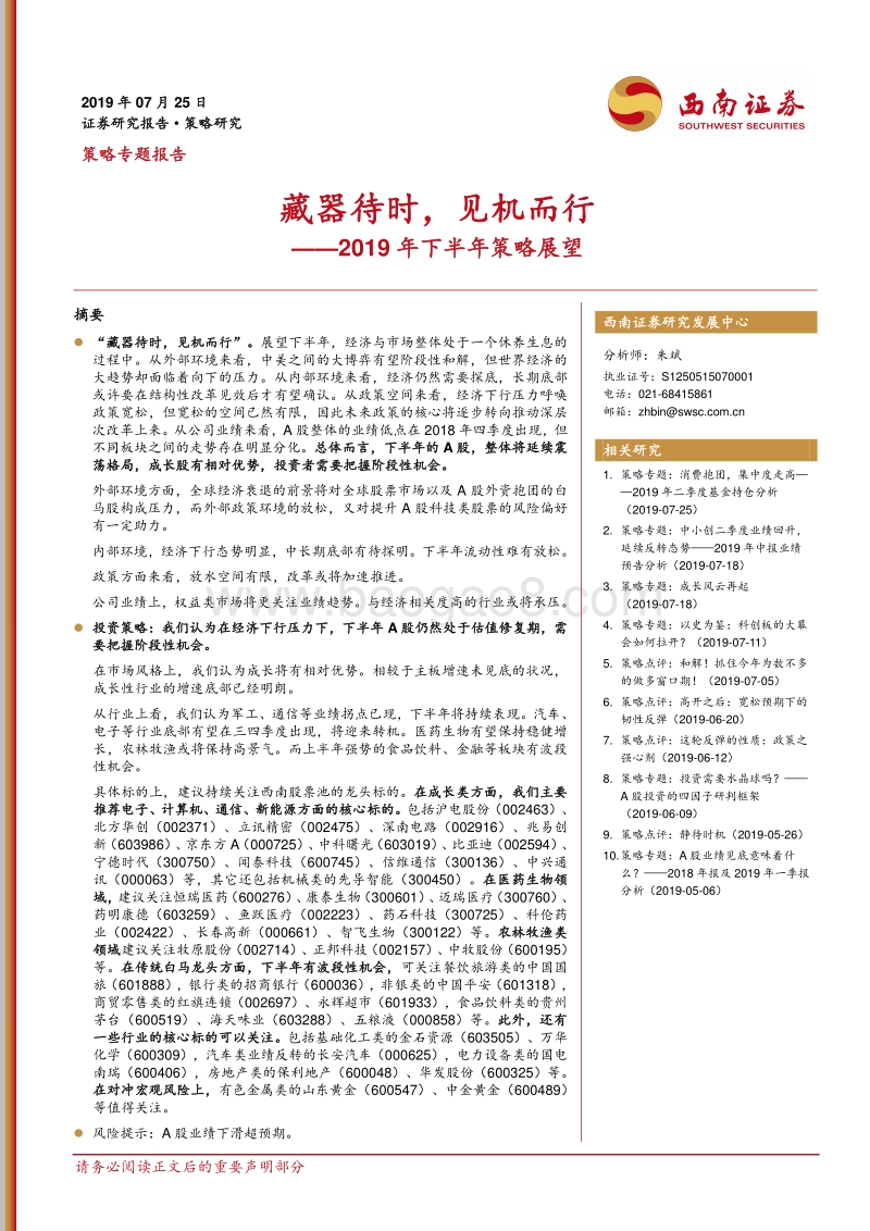 2019年下半年策略展望：藏器待时，见机而行.pdf_第1页