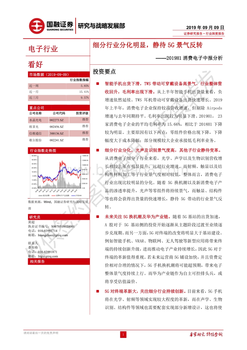 2019H1消费电子中报分析：细分行业分化明显，静待5G景气反转.pdf_第1页