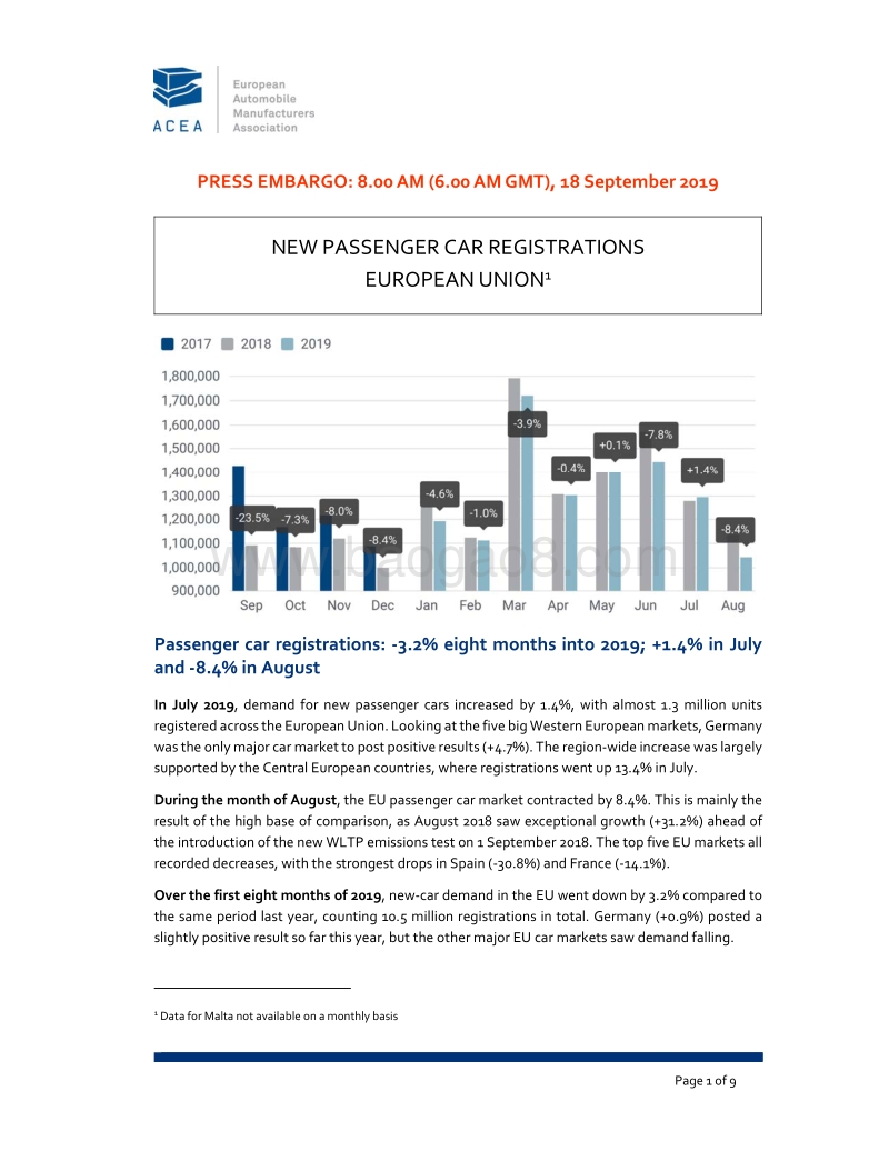 2019年8月份欧洲汽车销量数据.pdf_第1页
