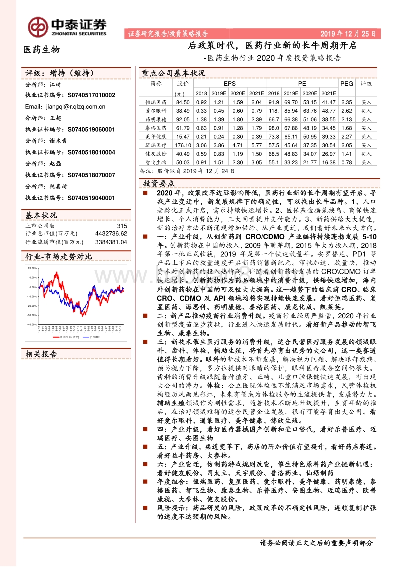 医药生物行业2020年度投资策略报告：后政策时代，医药行业新的长牛周期开启.pdf_第1页