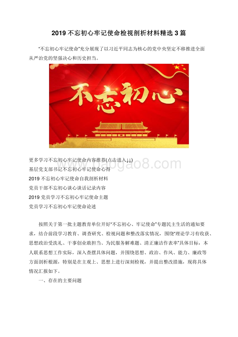 2019不忘初心牢记使命检视剖析材料精选3篇.doc_第1页