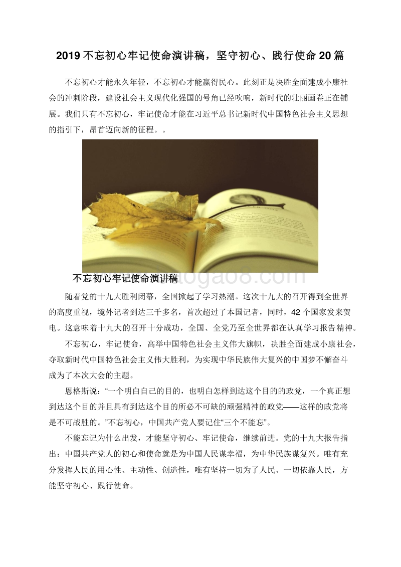 2019不忘初心牢记使命演讲稿，坚守初心、践行使命20篇.doc_第1页