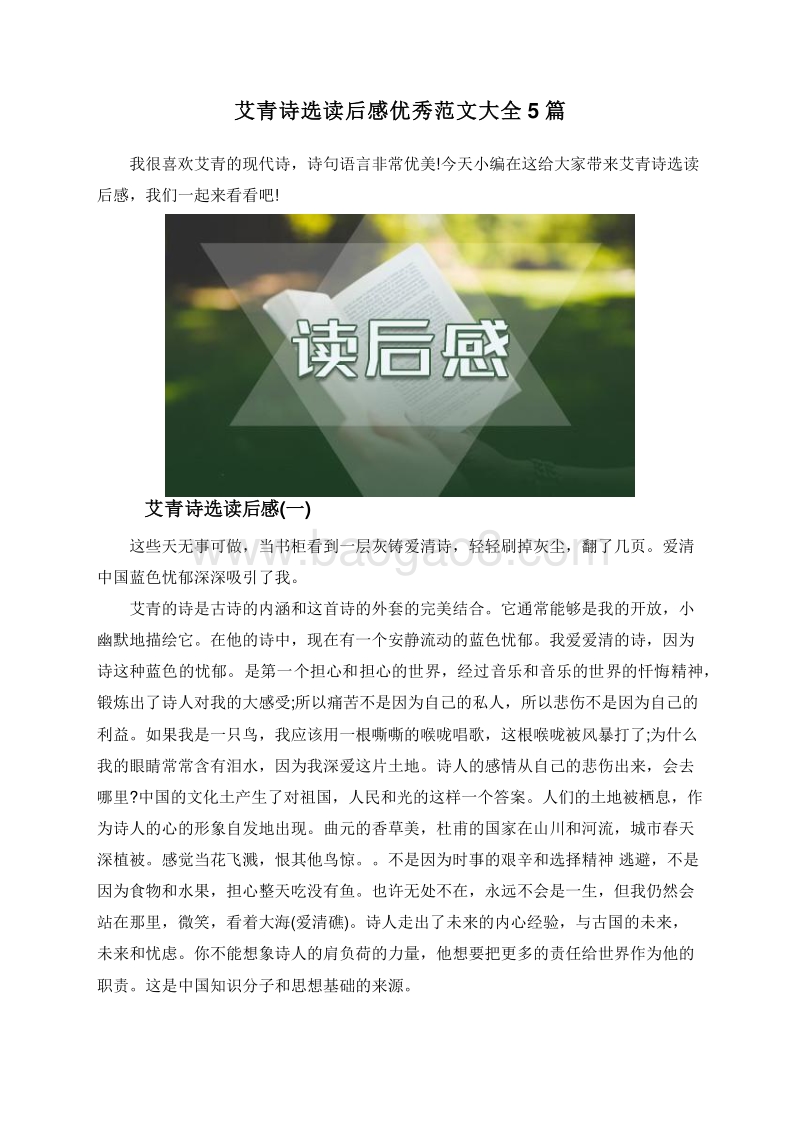 艾青诗选读后感优秀范文大全5篇.doc_第1页