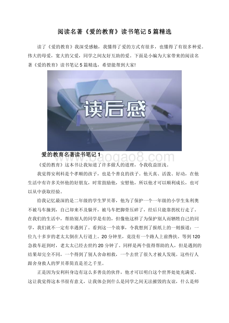 阅读名著《爱的教育》读书笔记5篇精选.doc_第1页