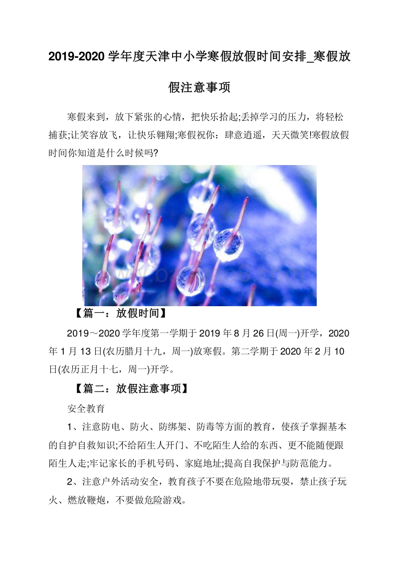 2019-2020学年度天津中小学寒假放假时间安排_寒假放假注意事项.doc_第1页