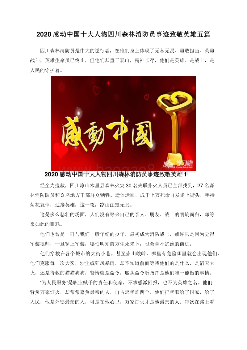 2020感动中国十大人物四川森林消防员事迹致敬英雄五篇.doc_第1页