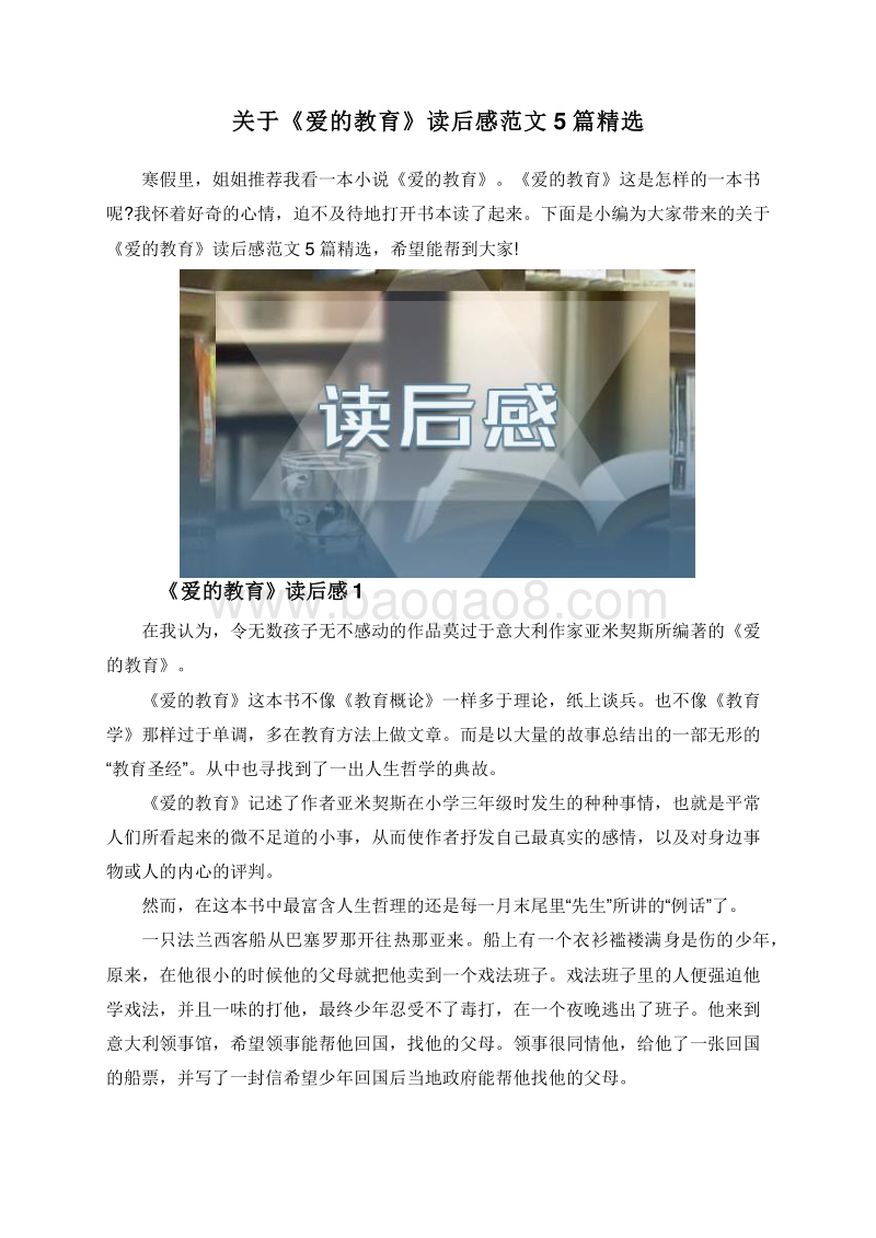 关于《爱的教育》读后感范文5篇精选.doc_第1页