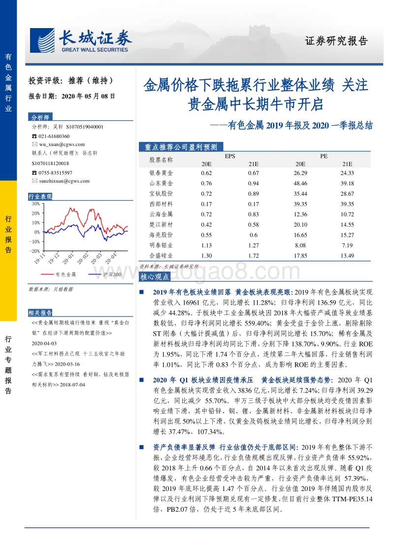有色金属2019年报及2020一季报总结：金属价格下跌拖累行业整体业绩，关注贵金属中长期牛市开启.pdf