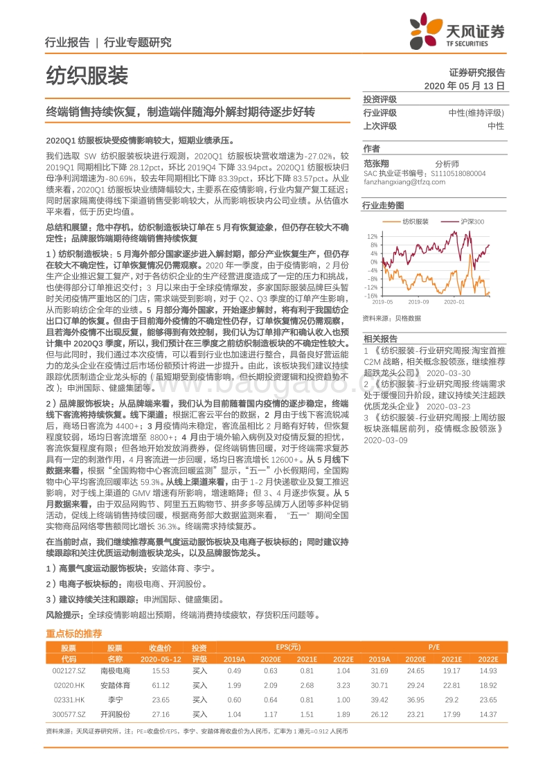 纺织服装行业专题研究：终端销售持续恢复，制造端伴随海外解封期待逐步好转.pdf_第1页