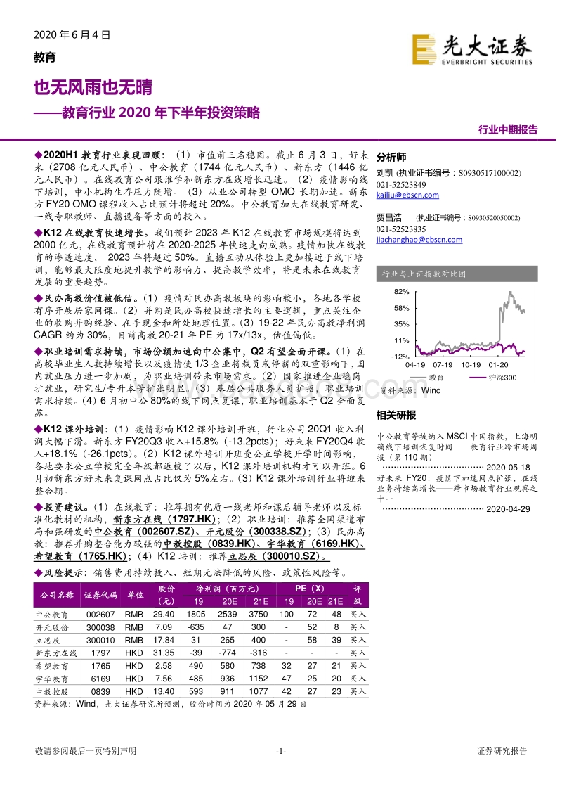 教育行业2020年下半年投资策略：也无风雨也无晴.pdf_第1页