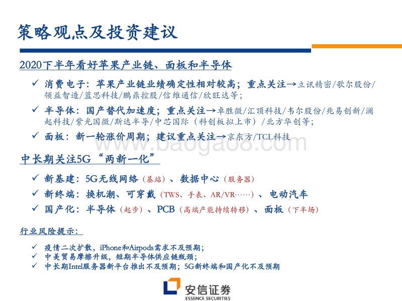 2020下半年电子投资策略：重点推荐苹果产业链、面板和半导体，警惕疫情和贸易摩擦风险.pdf_第2页