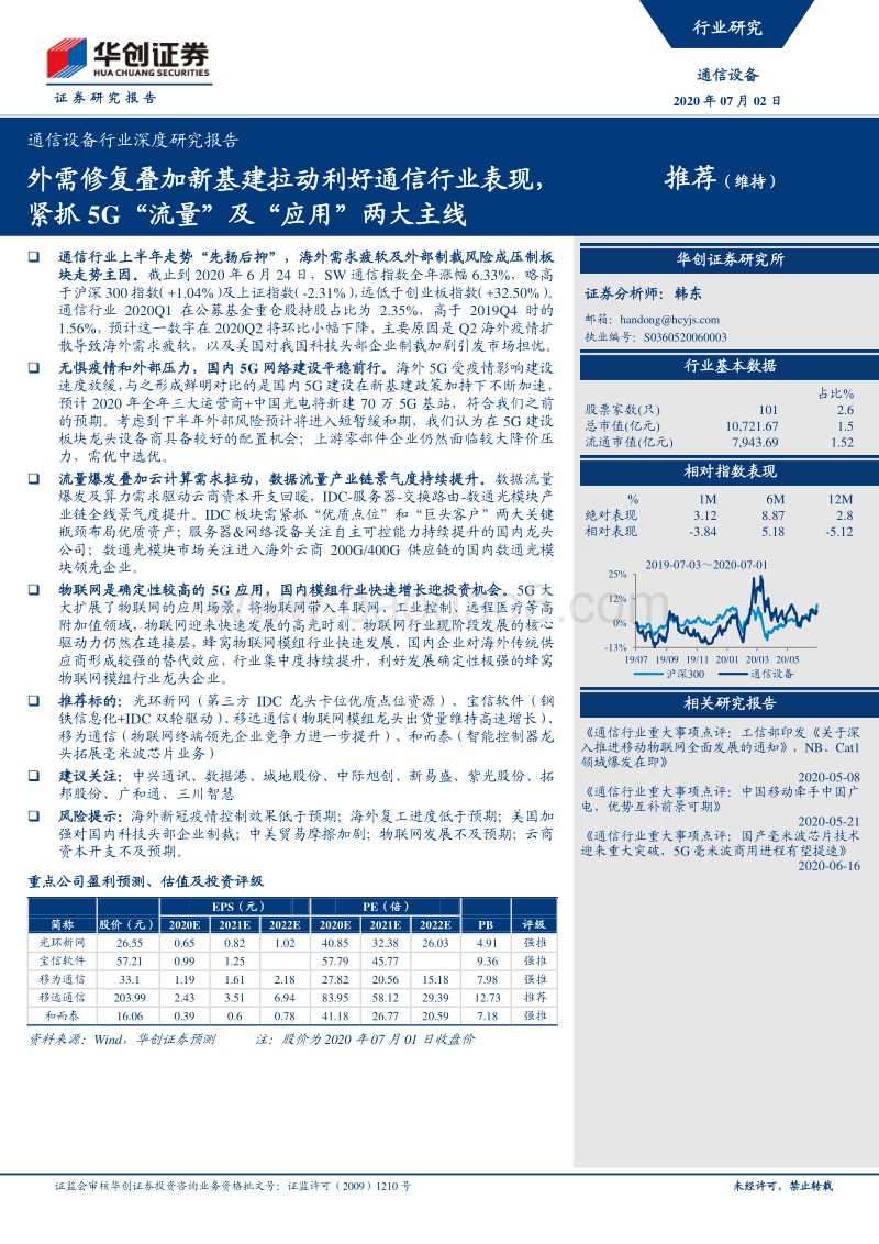 通信设备行业深度研究报告：外需修复叠加新基建拉动利好通信行业表现，紧抓5G“流量”及“应用”两大主线.pdf_第1页