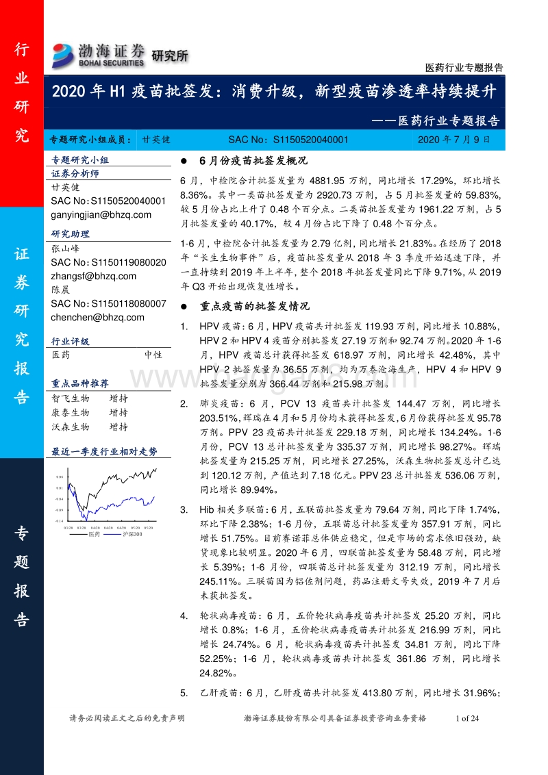 2020年H1疫苗批签发：消费升级，新型疫苗渗透率持续提升.pdf_第1页