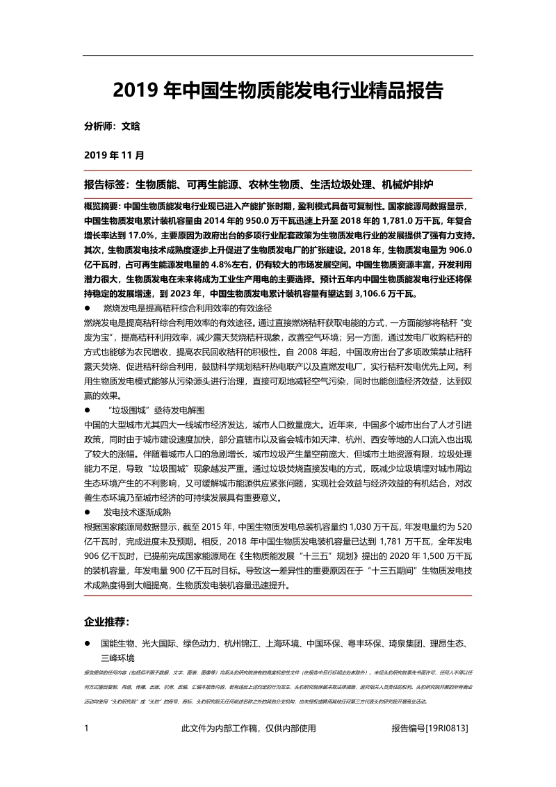 2019年中国生物质能发电行业精品报告.pdf_第1页