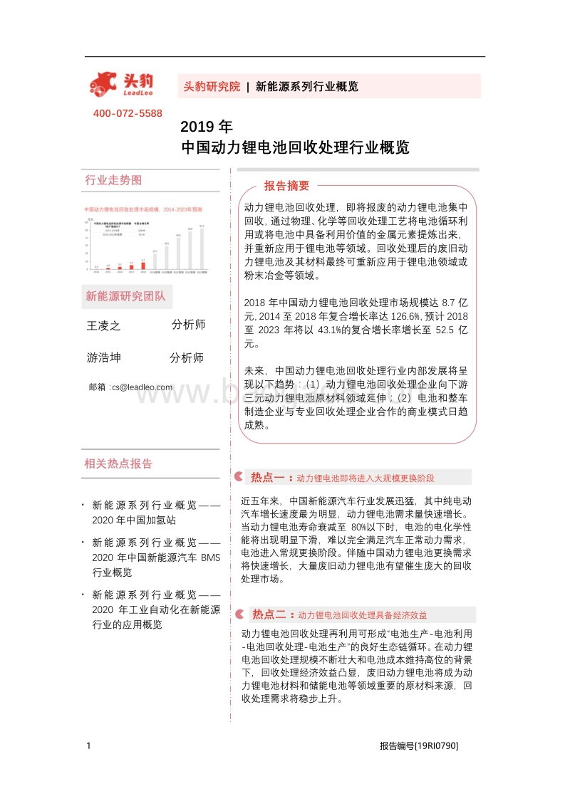 2019年中国动力锂电池回收处理行业概览.pdf_第1页