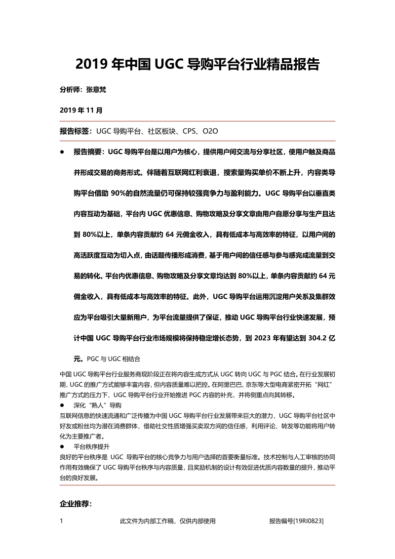 2019年中国UGC导购平台行业精品报告.pdf_第1页