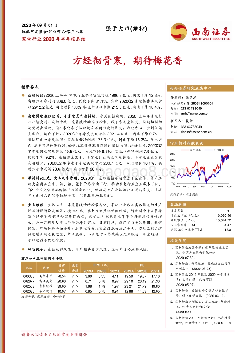 家电行业2020年半年报总结：方经彻骨寒，期待梅花香.pdf_第1页