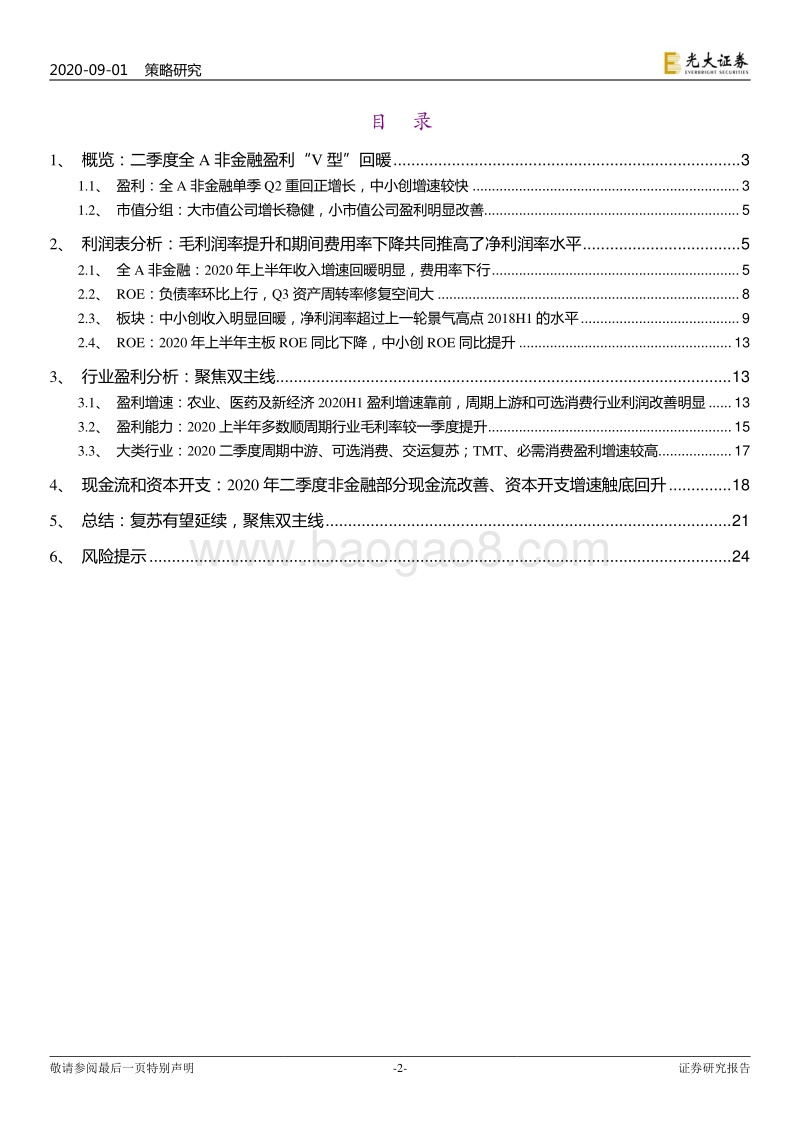 A股上市公司2020年中报总结：全A非金融盈利“V型”回暖，行业聚焦双主线.pdf_第2页