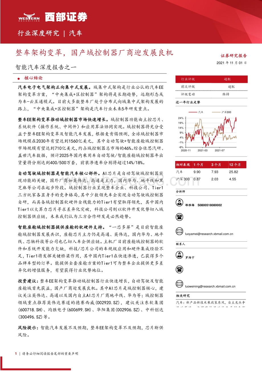 智能汽车深度报告之一：整车架构变革国产域控制器厂商迎发展良机.pdf_第1页
