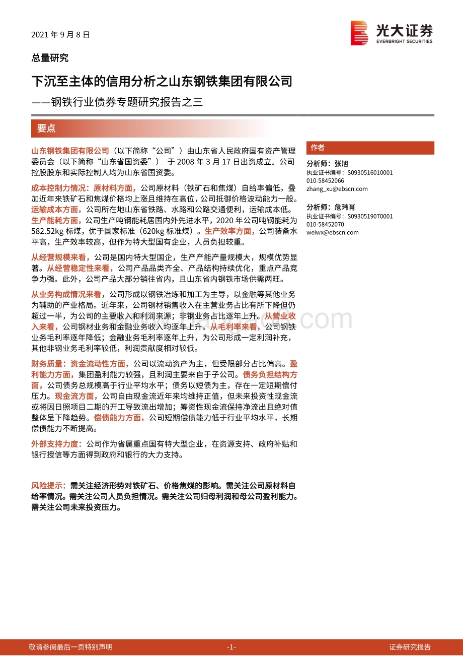 钢铁行业债券专题研究报告之三：下沉至主体的信用分析之山东钢铁集团有限公司.pdf_第1页