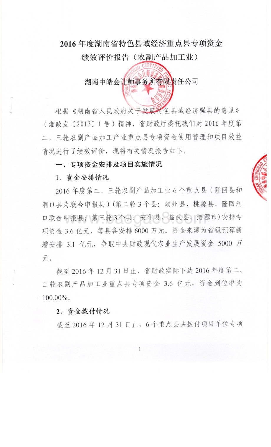 2016年特色县域经济重点县专项绩效评价报告（湖南）.pdf_第1页