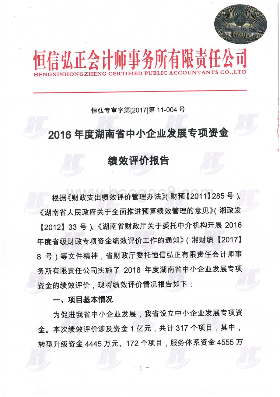 2016年中小企业发展专项绩效评价报告（湖南）.pdf_第1页