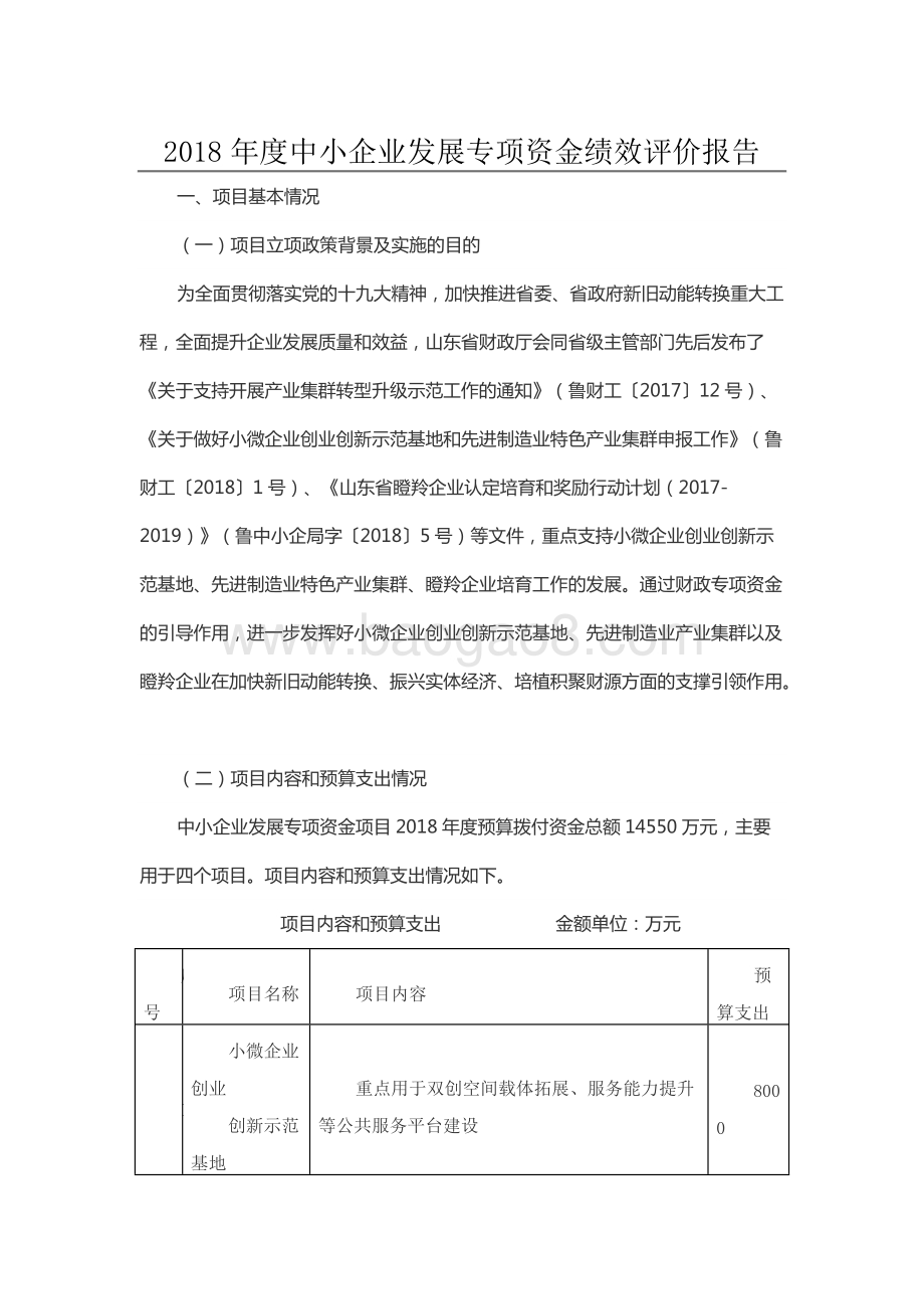 2018年度中小企业发展专项资金绩效评价报告（山东）.docx_第1页