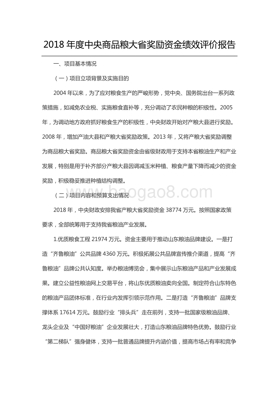 2018年度中央商品粮大省奖励资金绩效评价报告（山东）.docx_第1页