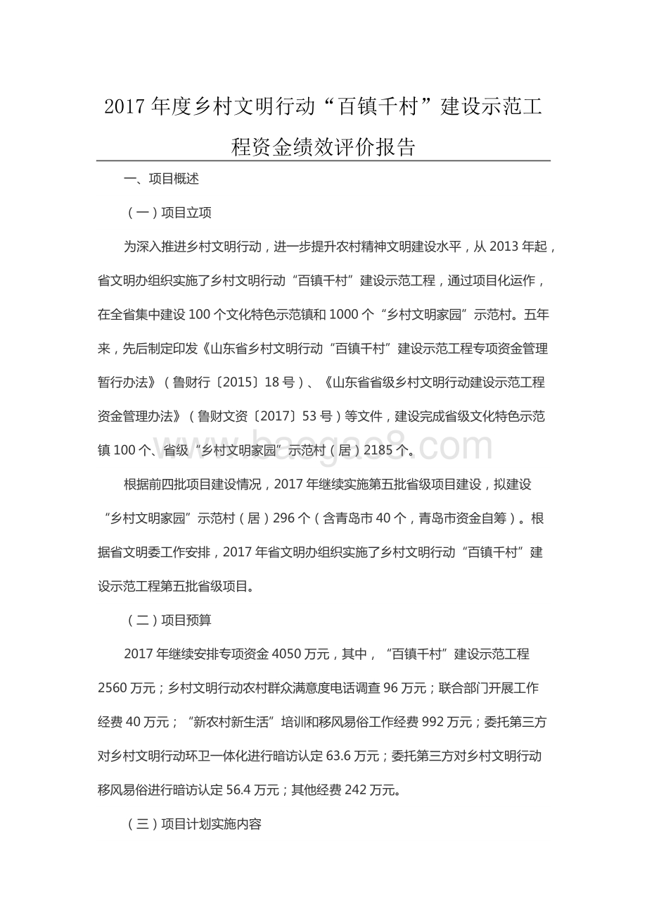 2017年度乡村文明行动“百镇千村”建设示范工程资金绩效评价报告（山东）.docx_第1页