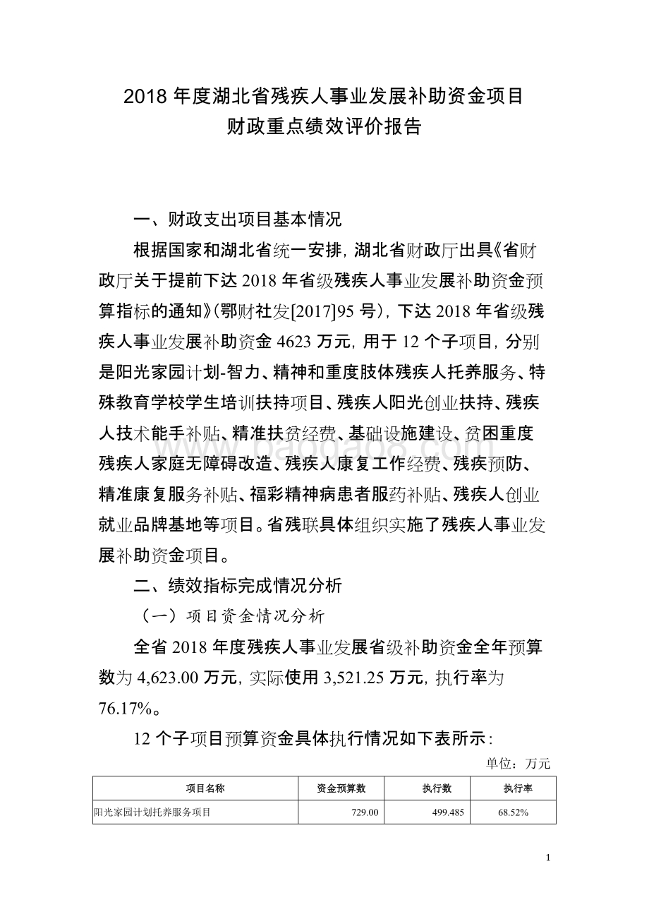 2018年度湖北省残疾人事业发展补助资金项目财政重点绩效评价报告.docx_第1页
