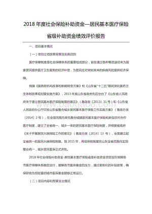2018年度社会保险补助资金—居民基本医疗保险省级补助资金绩效评价报告（山东）.docx