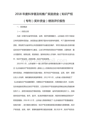 2018年度科学普及和推广奖励资金（知识产权（专利）奖补资金）绩效评价报告（山东）.docx