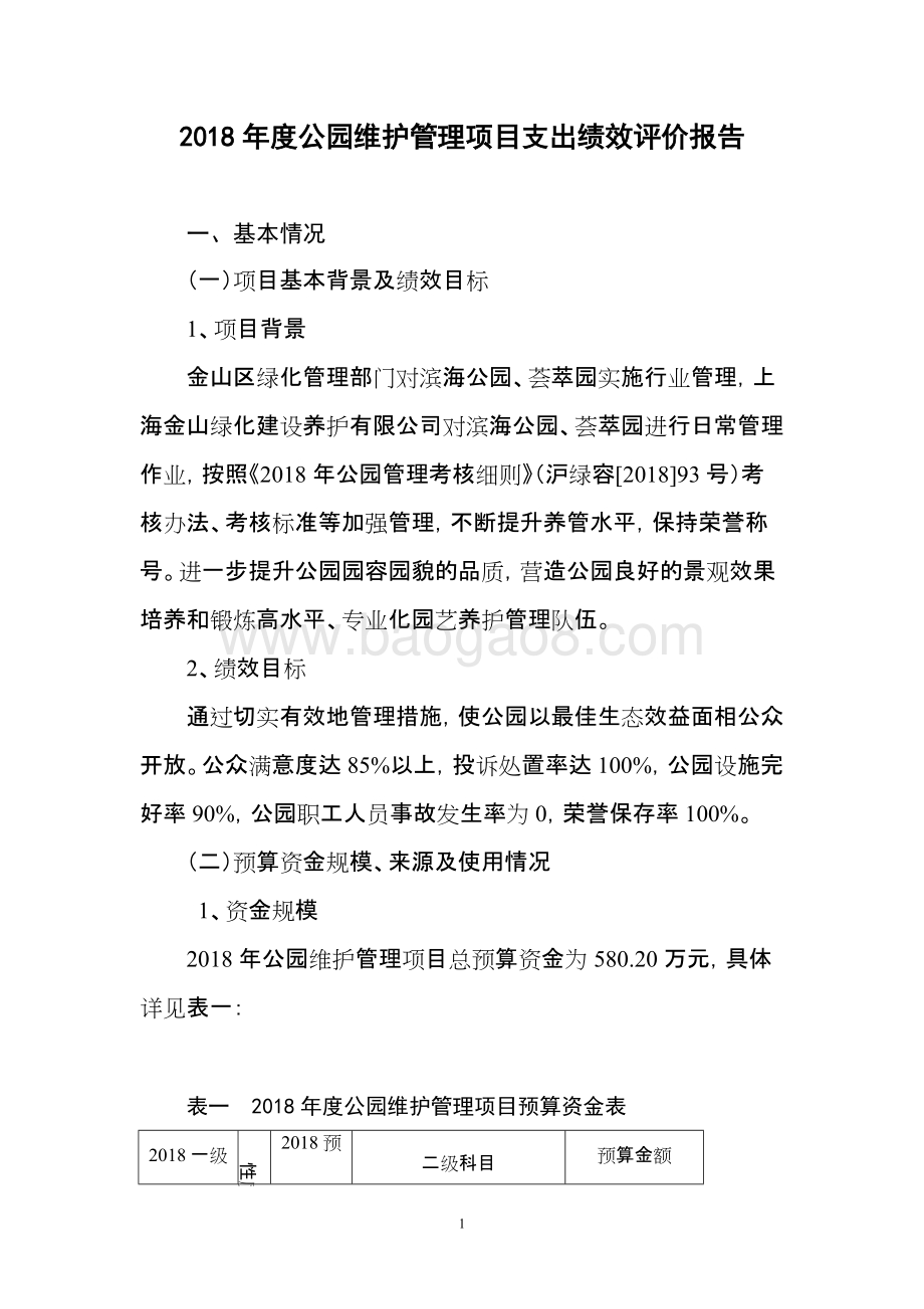 2018年度公园维护管理项目支出绩效自评价报告.doc_第1页