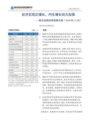 联合宏观信用观察年报：经济实现正增长内生增长动力加强.pdf