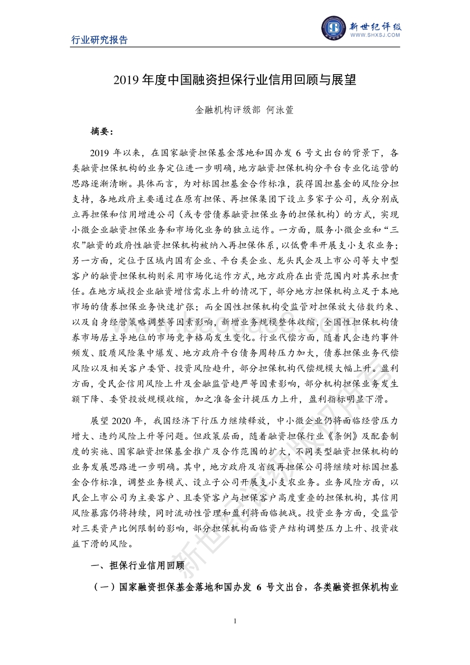 2019年度中国融资担保行业信用回顾与展望.pdf_第1页