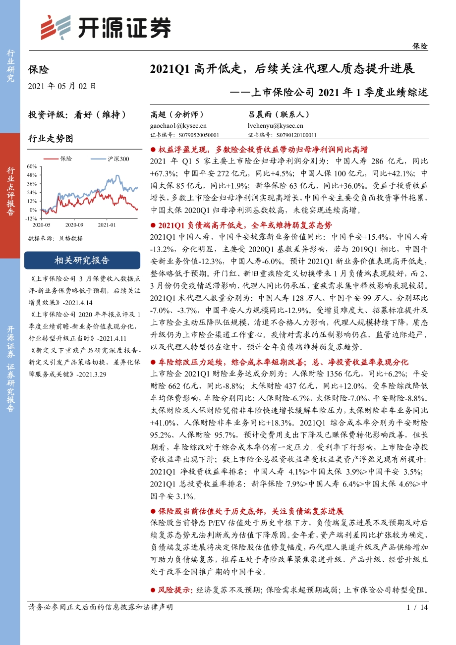 上市保险公司2021年1季度业绩综述.pdf_第1页