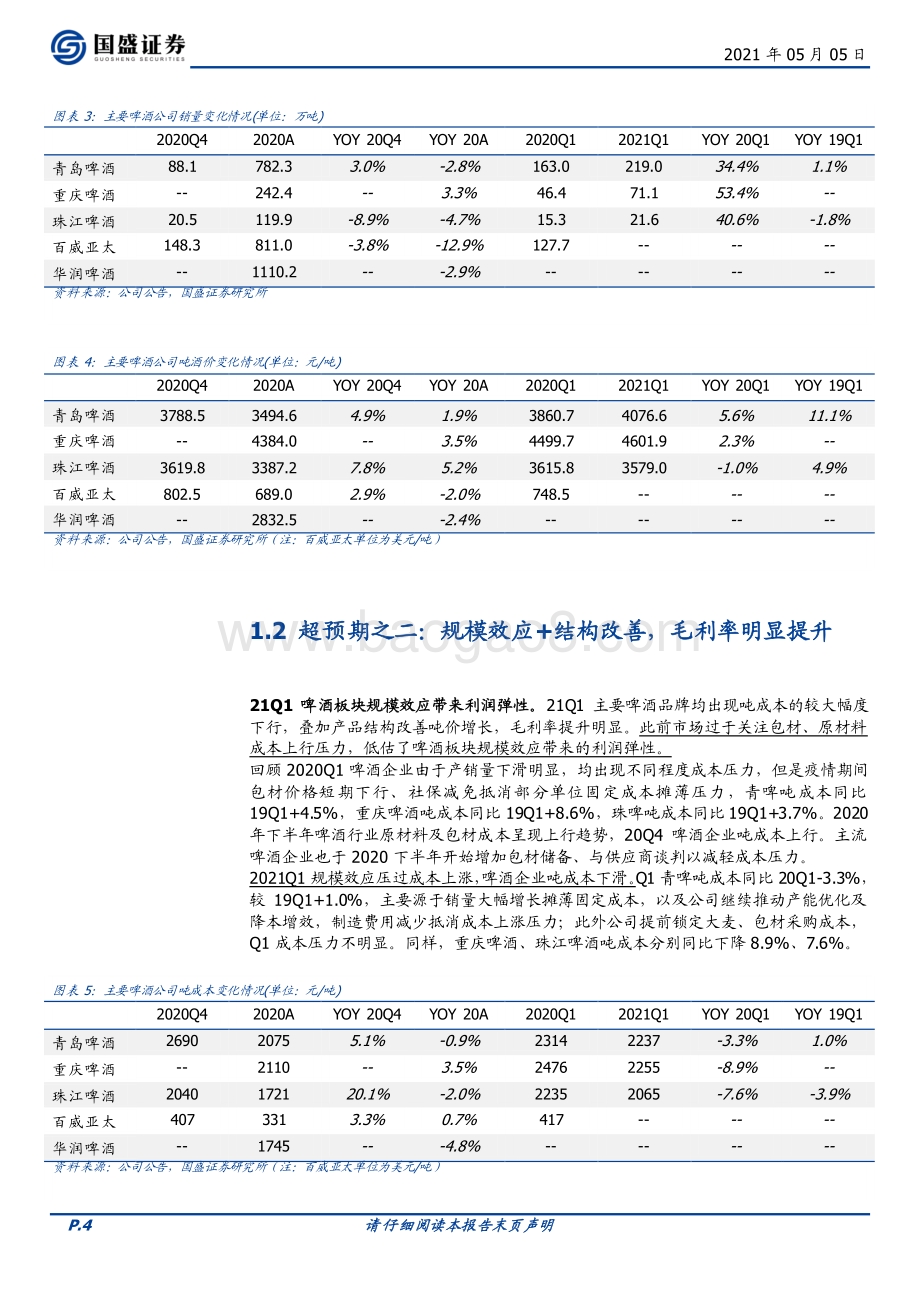食品饮料财报总结之啤酒篇：高端化+规模效应业绩弹性增强.pdf_第4页