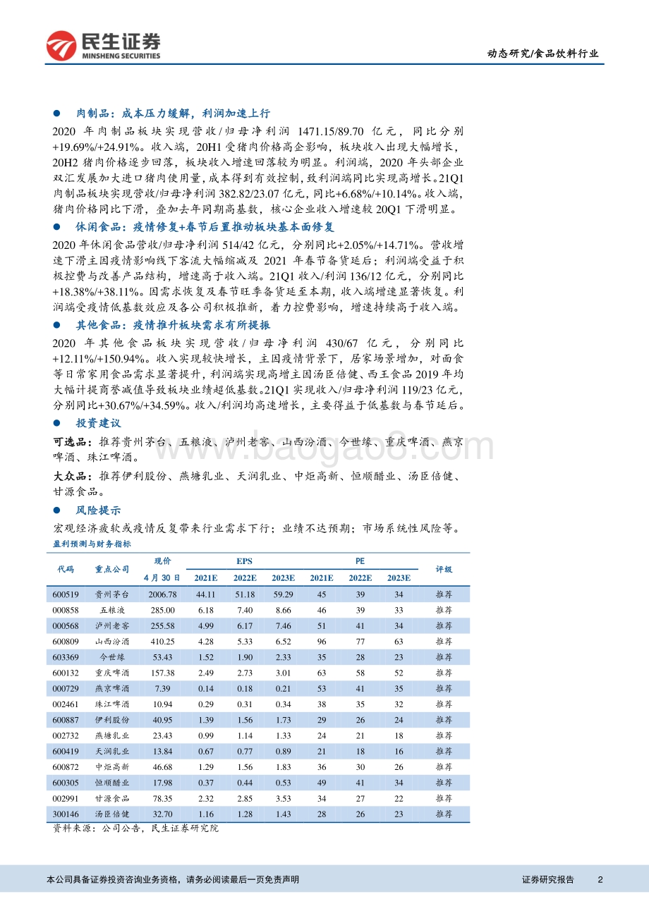 食品饮料行业2020年年报及2021年一季报综述.pdf_第2页
