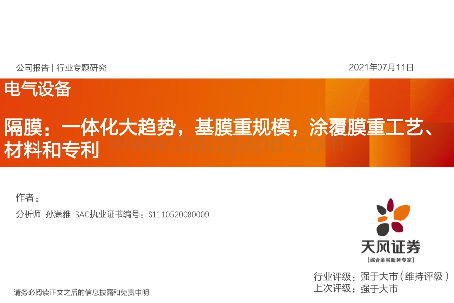 隔膜：一体化大趋势基膜重规模涂覆膜重工艺、材料和专利.pdf_第1页