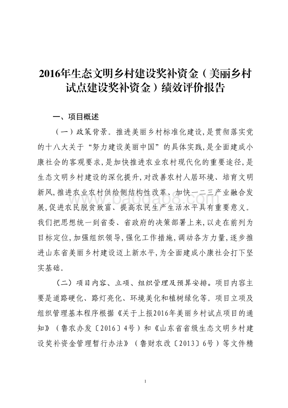 2016年生态文明乡村建设奖补资金（美丽乡村试点建设奖补资金）绩效评价报告（山东）.pdf_第1页