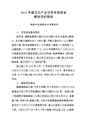 2014年度文化产业引导专项资金绩效评价报告（湖南）.doc