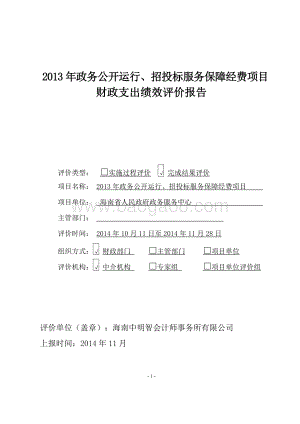 2013年度海南省政务中心政务公开运行、招投标服务保障经费项目财政支出绩效评价报告.doc