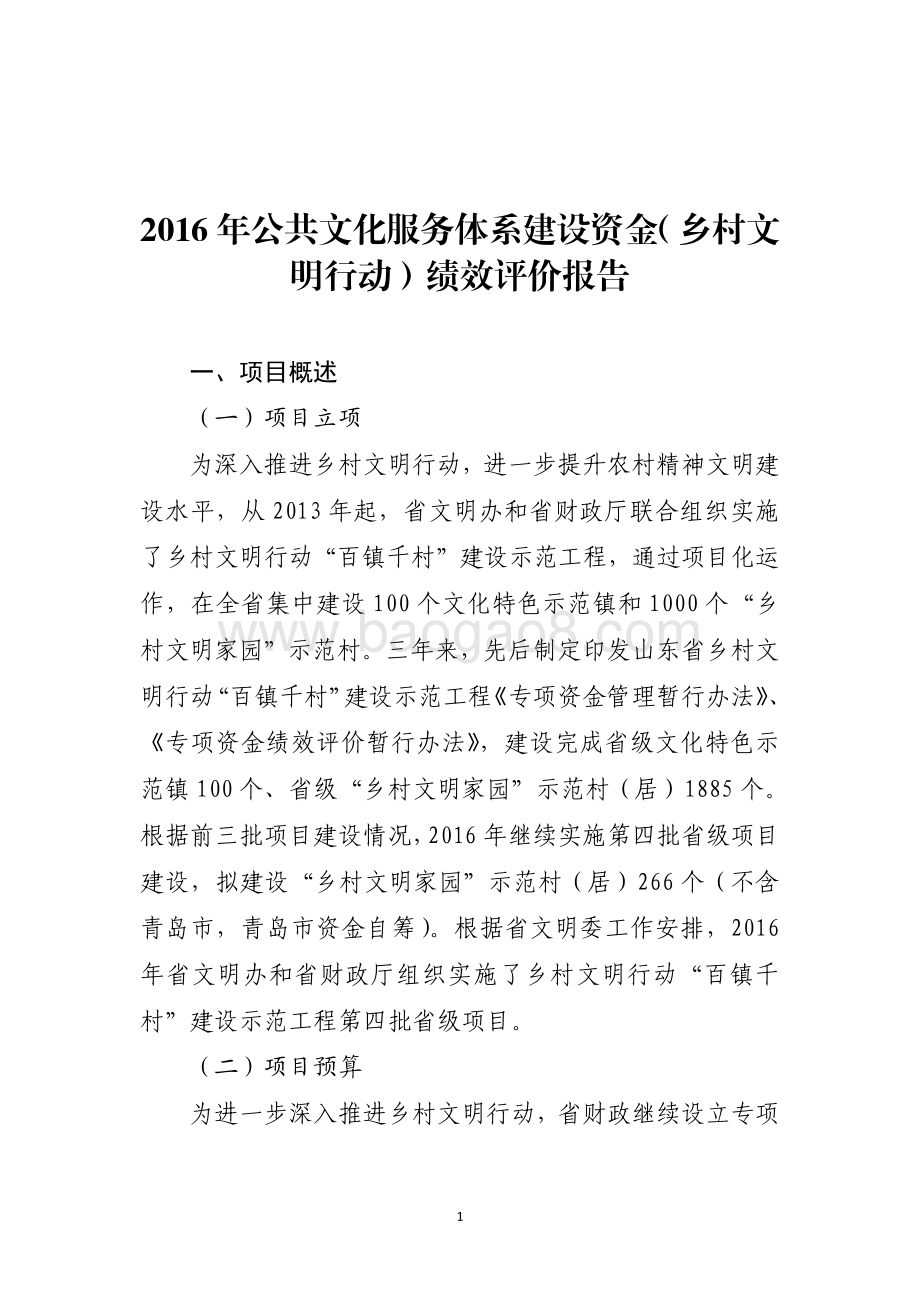2016年公共文化服务体系建设资金（乡村文明行动）绩效评价报告（山东）.pdf_第1页