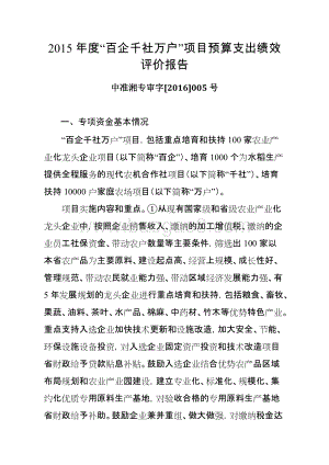 2015年度“百企千社万户”项目预算支出绩效评价报告（湖南）.doc